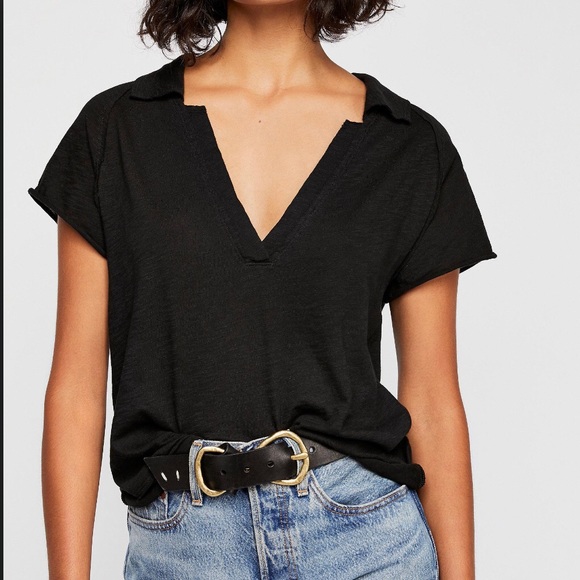 New Free People Black Pop Your Collar Tee - Picture 2 of 8